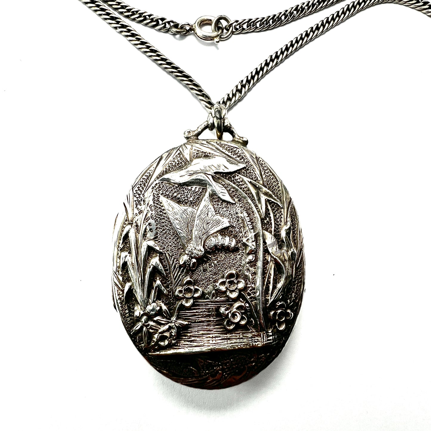 Victorian Silver Dragonfly Locket Necklace
