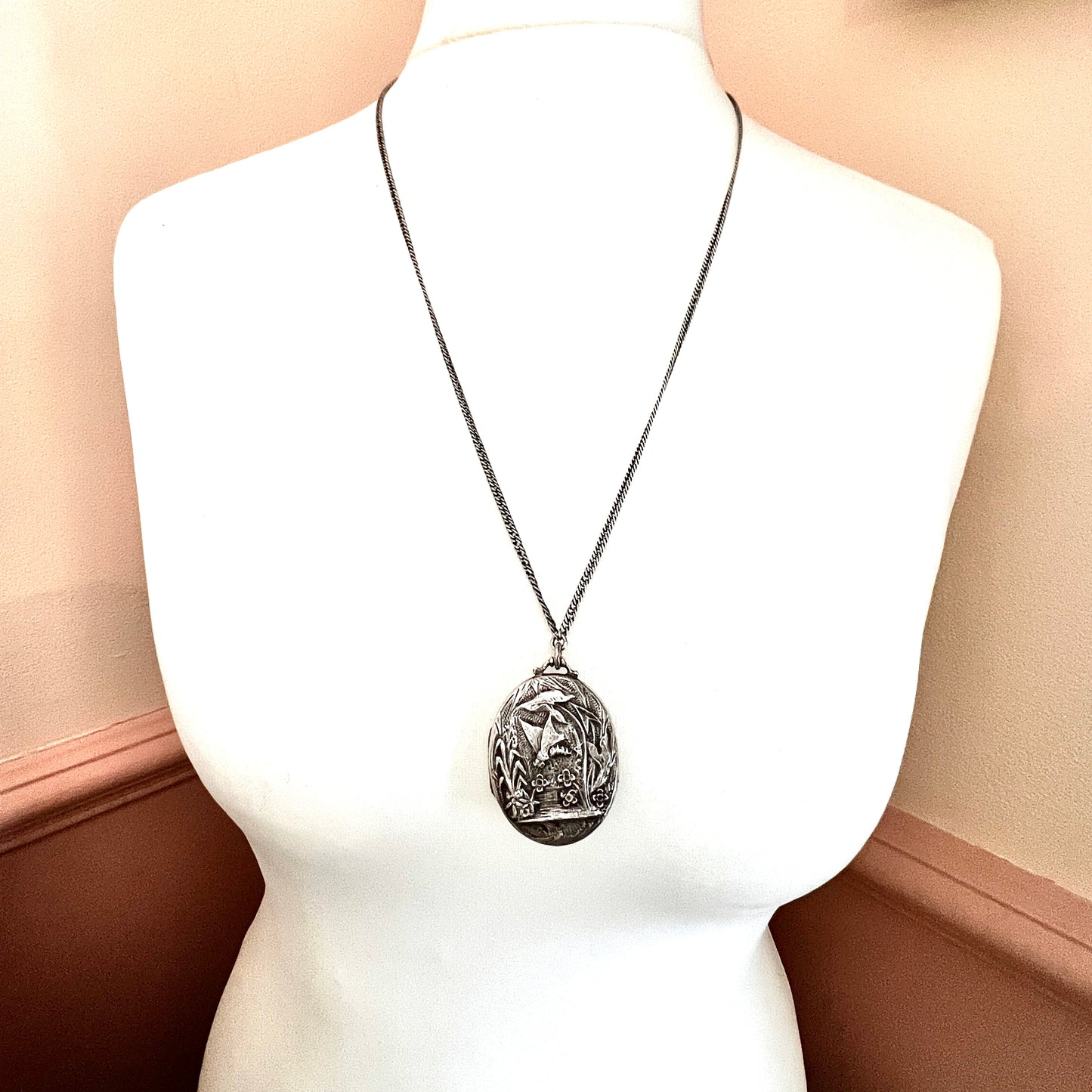 Victorian Silver Dragonfly Locket Necklace