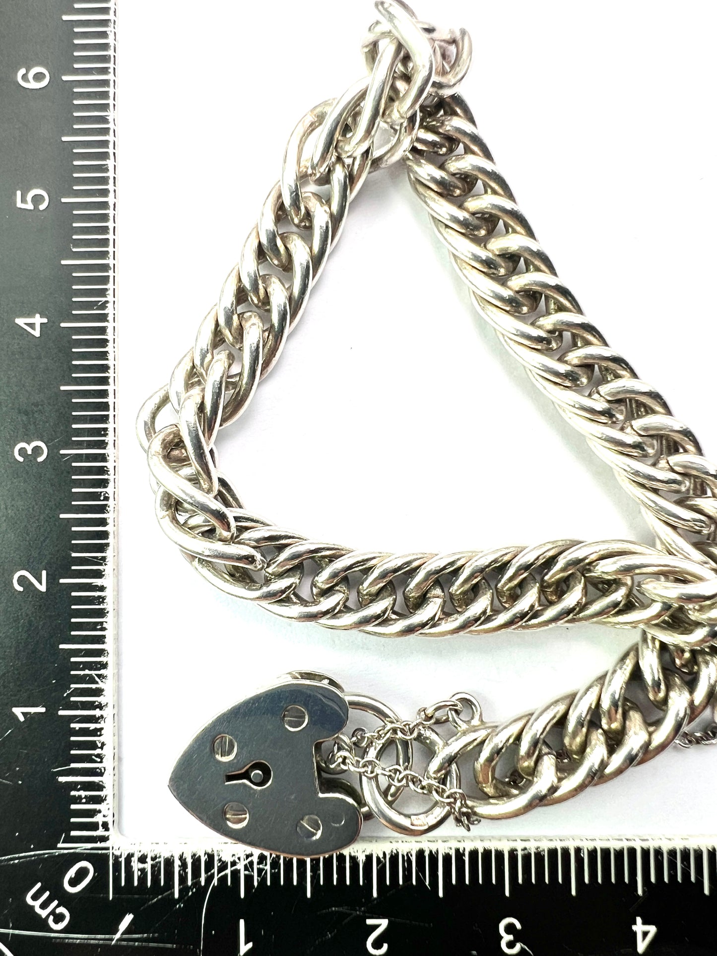 Vintage Sterling Silver Curb Chain Bracelet with Heart Padlock and Safety Chain