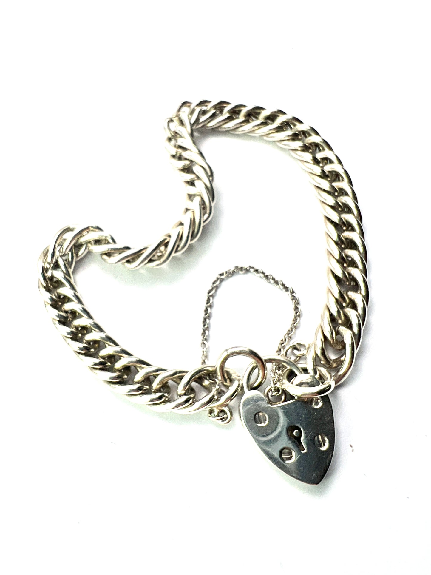 Vintage Sterling Silver Curb Chain Bracelet with Heart Padlock and Safety Chain
