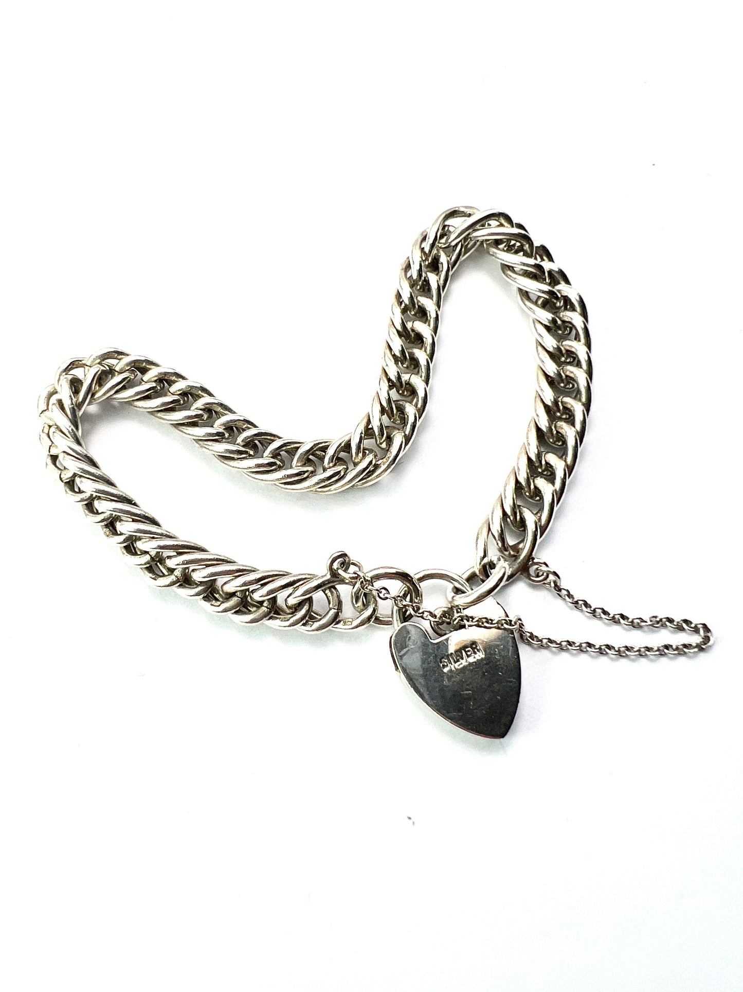 Vintage Sterling Silver Curb Chain Bracelet with Heart Padlock and Safety Chain