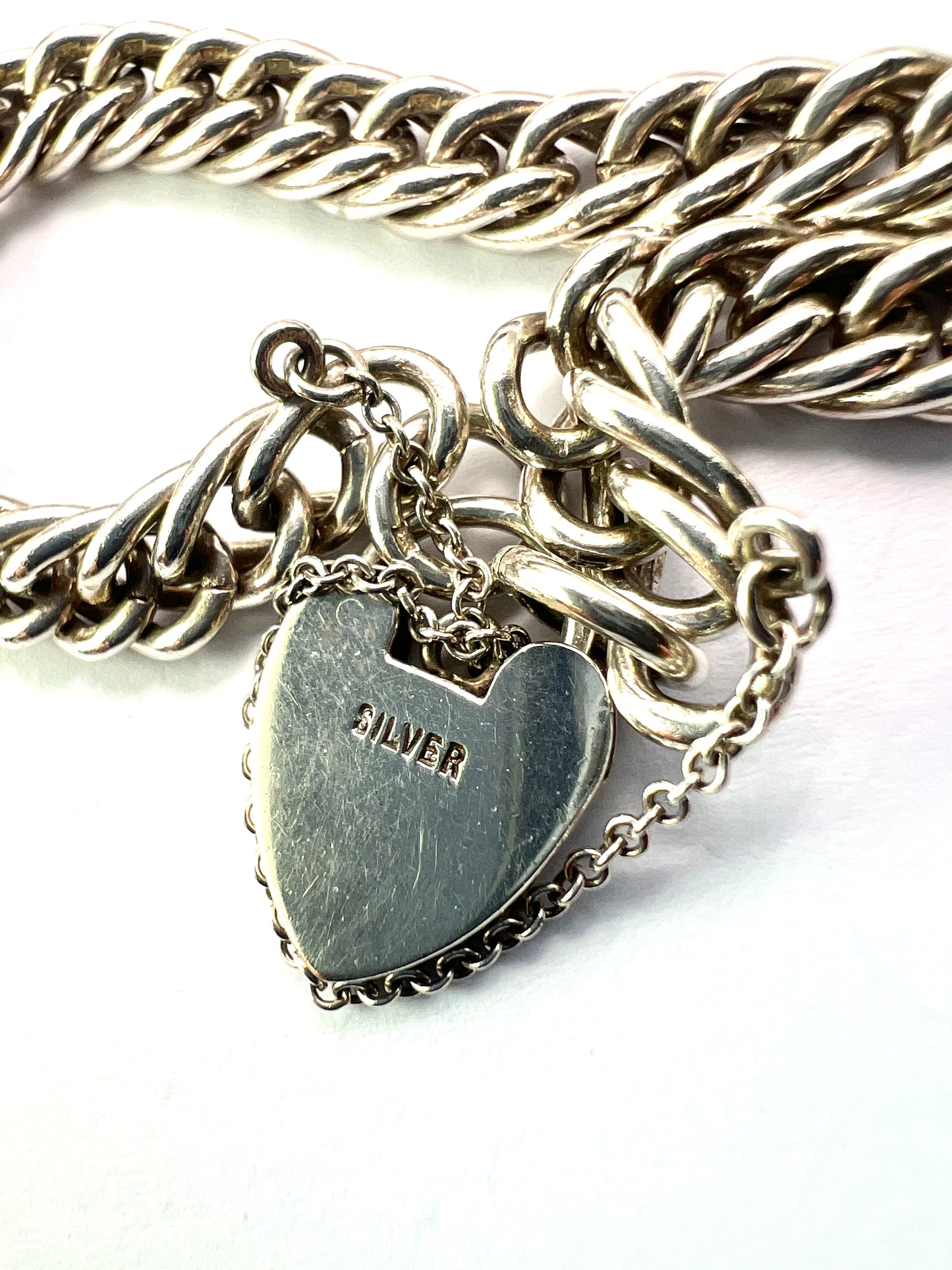 Vintage Sterling Silver Curb Chain Bracelet with Heart Padlock and Safety Chain