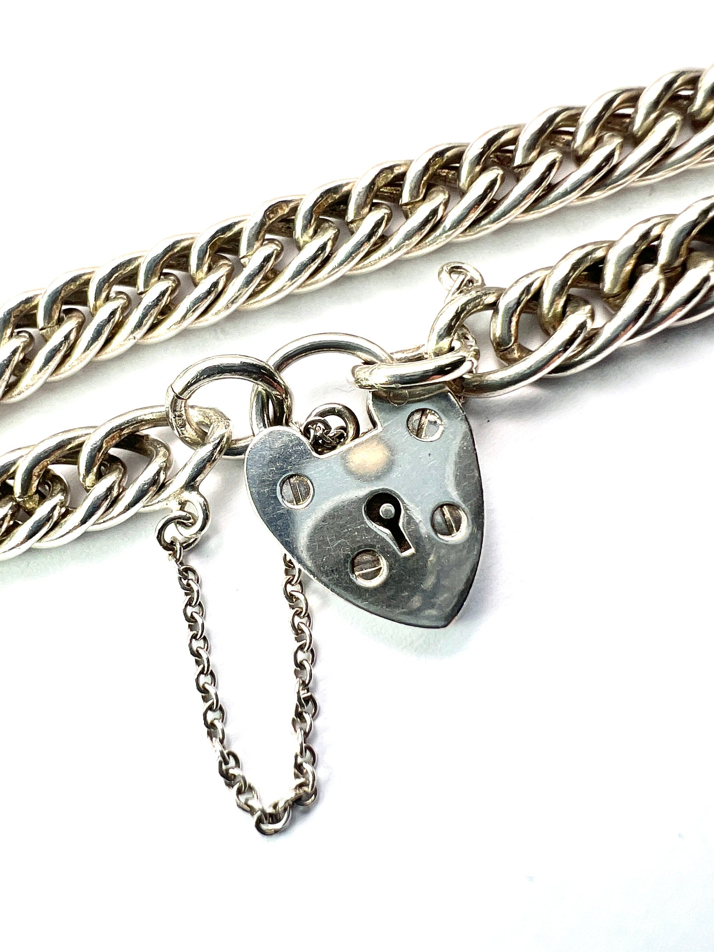 Vintage Sterling Silver Curb Chain Bracelet with Heart Padlock and Safety Chain