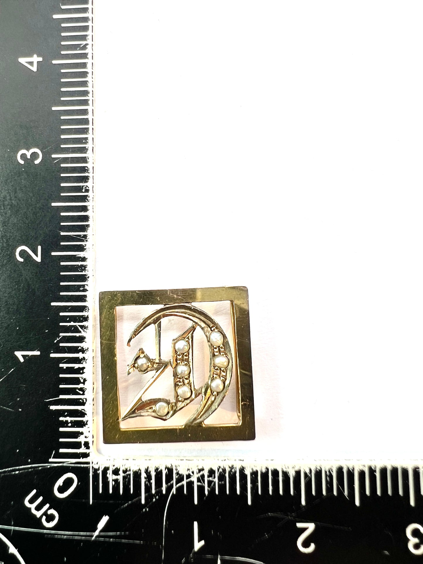 Victorian 9CT Gold Initial Letter E Pearl Ribbon Slider Pendant