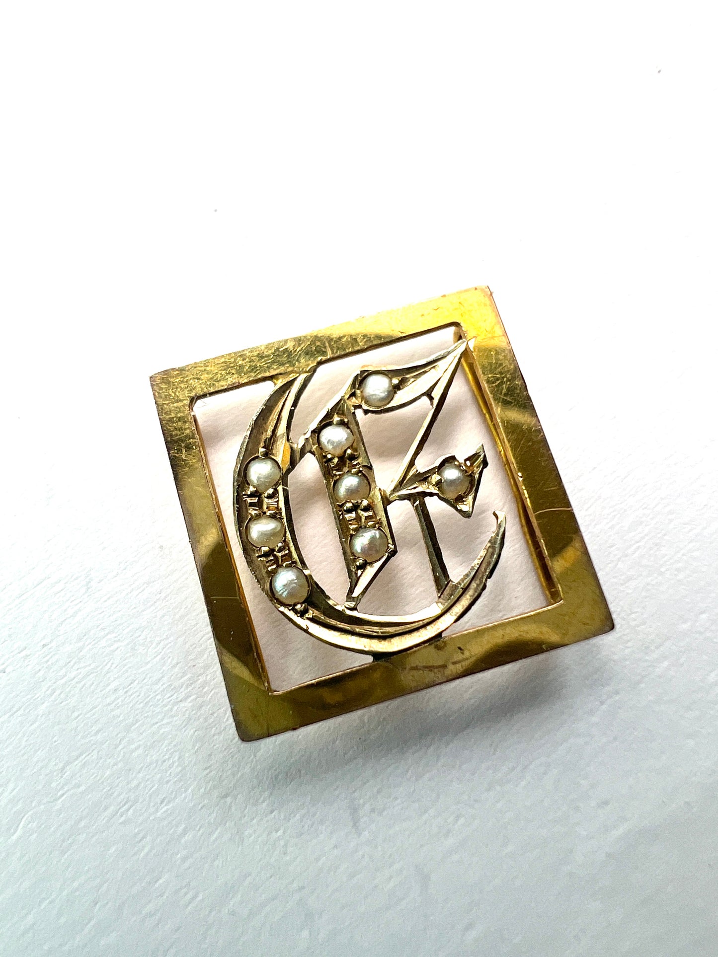 Victorian 9CT Gold Initial Letter E Pearl Ribbon Slider Pendant
