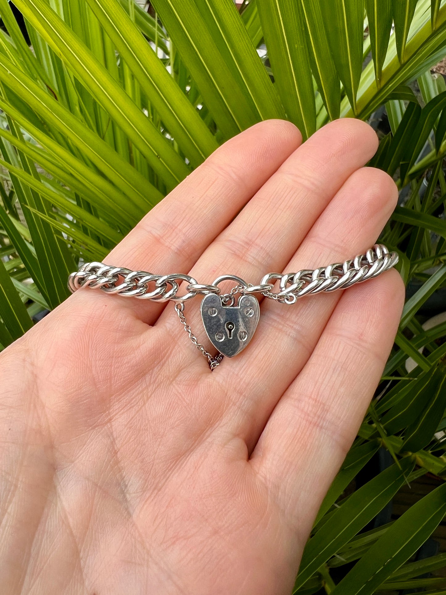 Vintage Sterling Silver Curb Chain Bracelet with Heart Padlock and Safety Chain