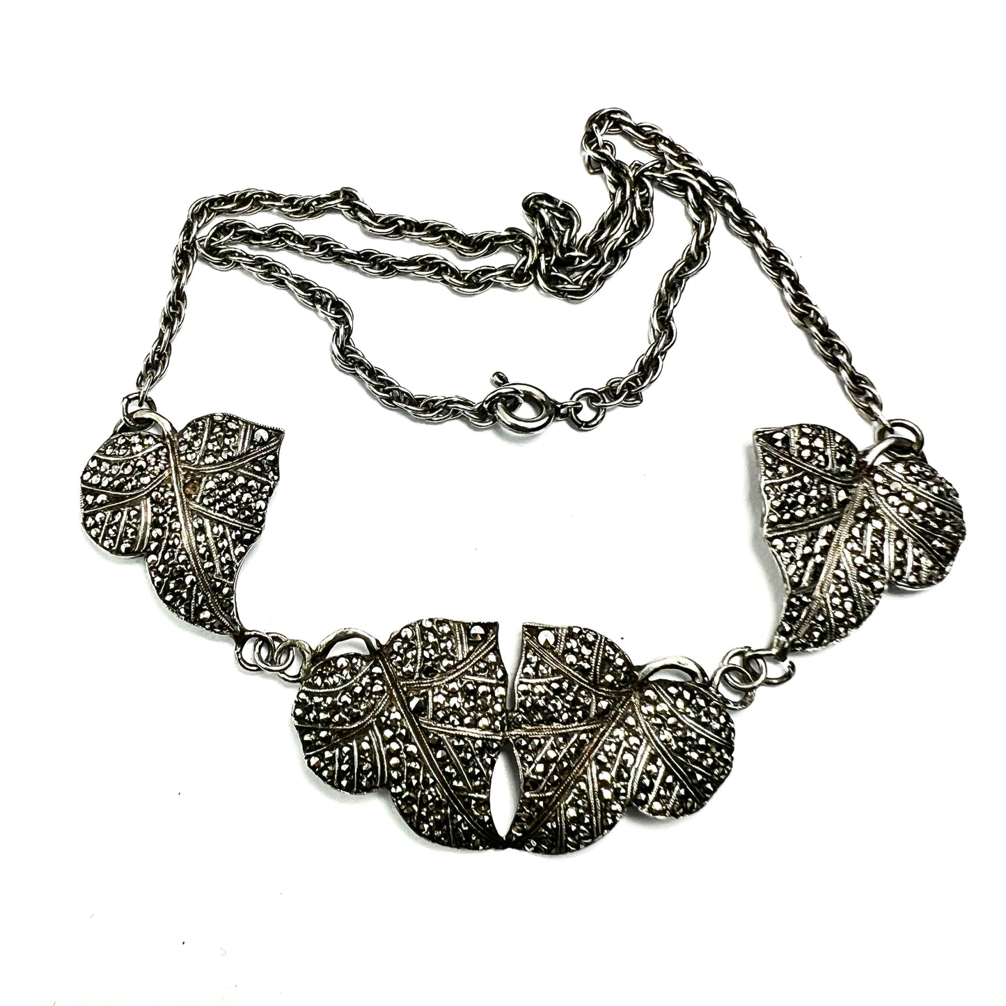 Art Deco Silver Marcasite Leaf Necklace