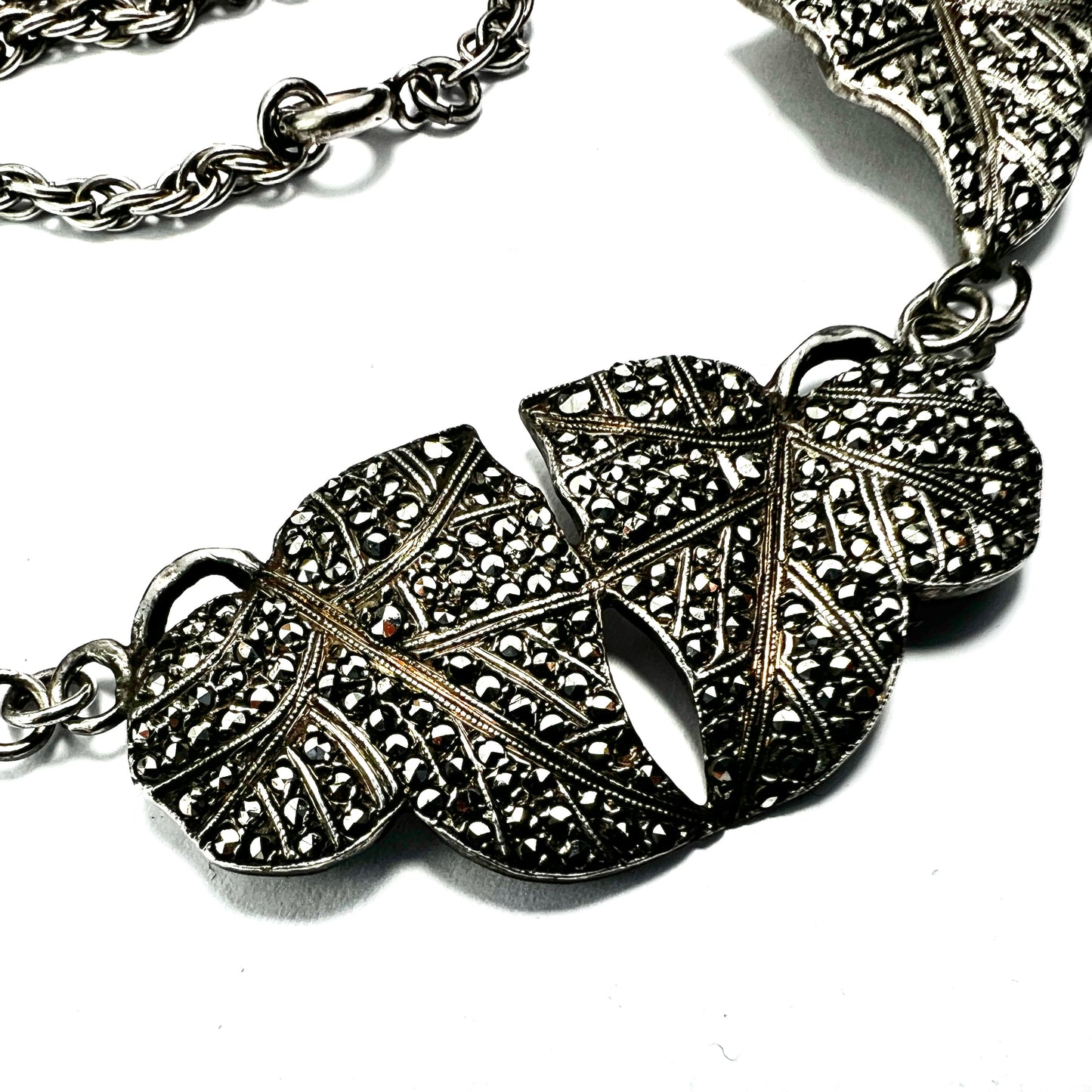 Art Deco Silver Marcasite Leaf Necklace