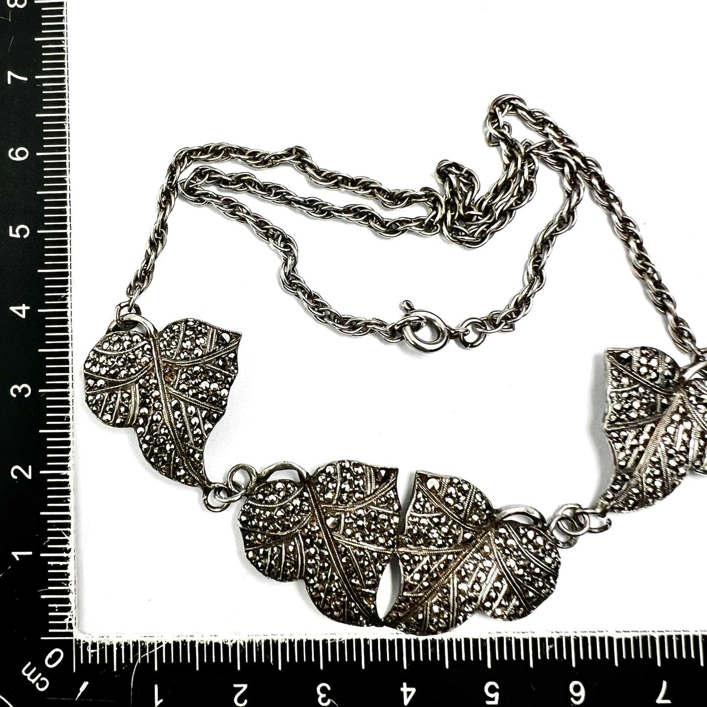 Art Deco Silver Marcasite Leaf Necklace