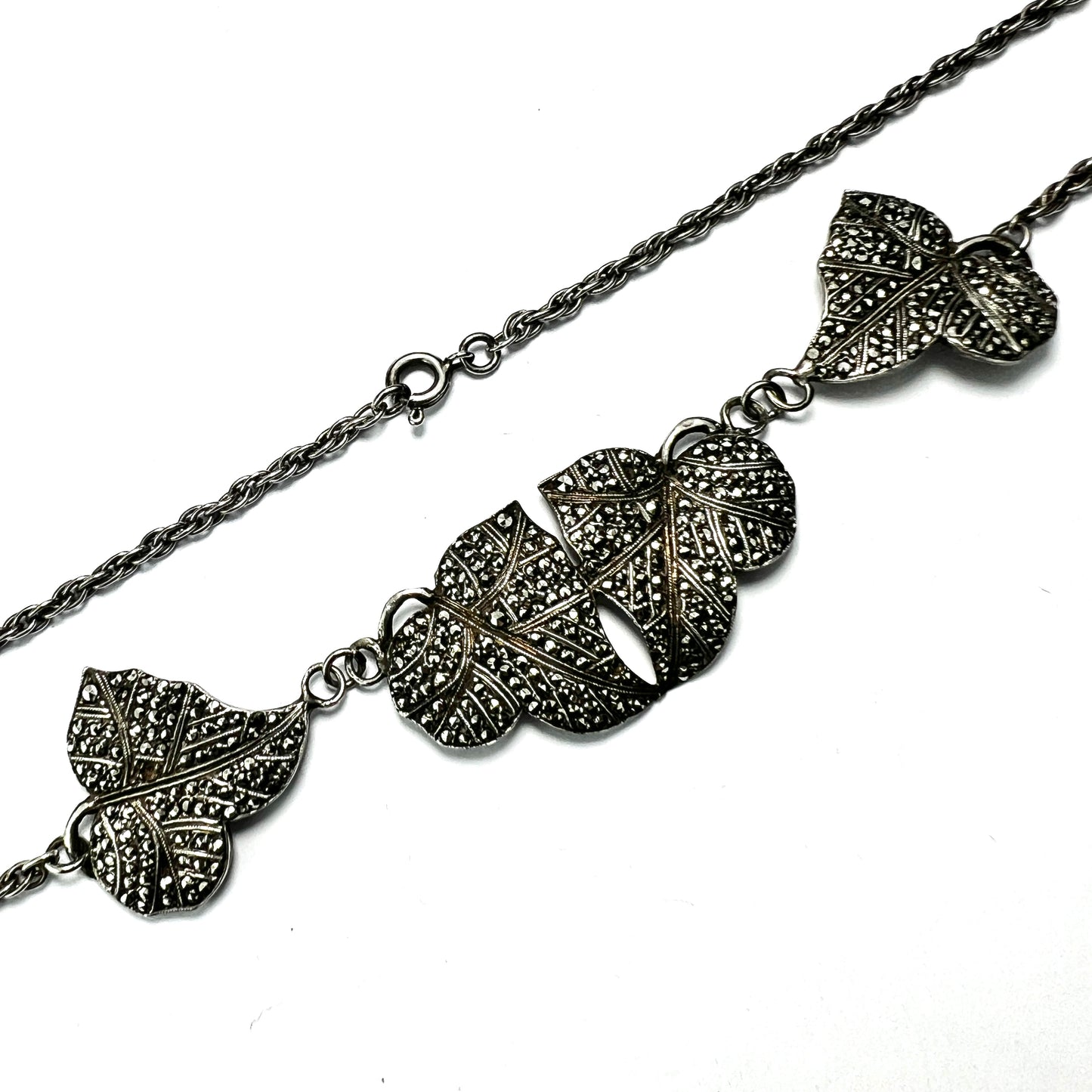 Art Deco Silver Marcasite Leaf Necklace
