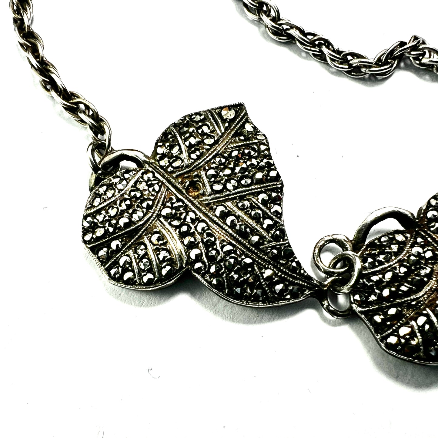 Art Deco Silver Marcasite Leaf Necklace