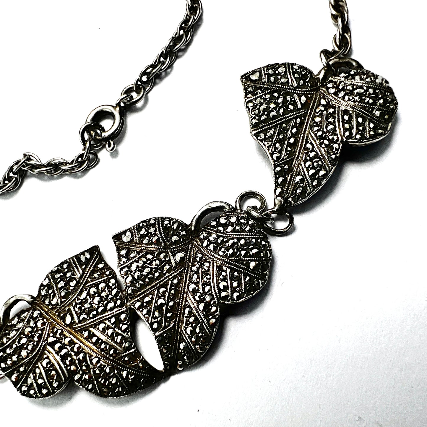 Art Deco Silver Marcasite Leaf Necklace