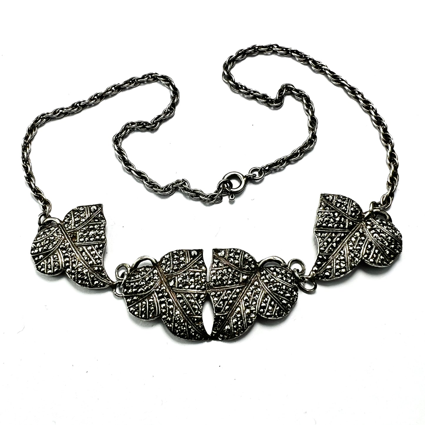Art Deco Silver Marcasite Leaf Necklace