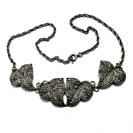 Art Deco Silver Marcasite Leaf Necklace