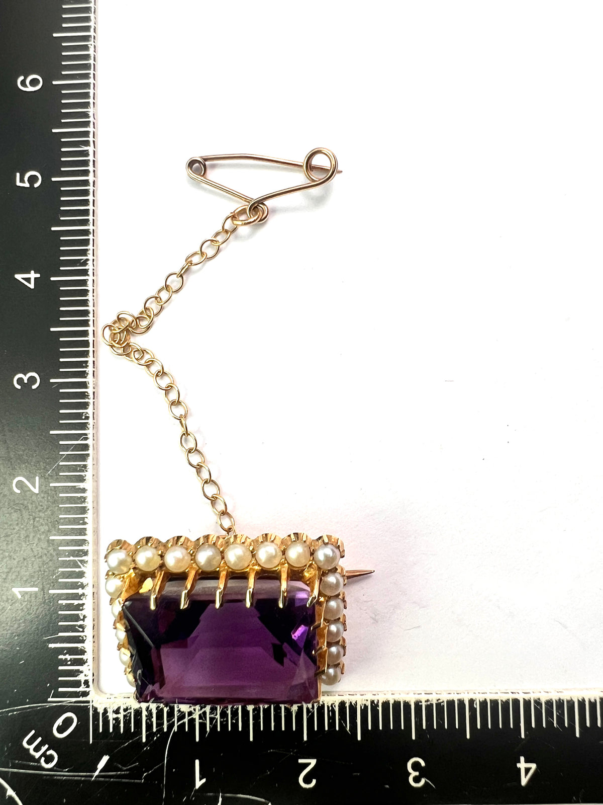 Victorian 15CT Gold Amethyst and Pearl Halo Brooch
