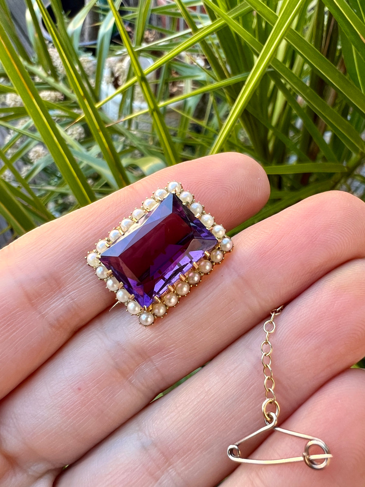 Victorian 15CT Gold Amethyst and Pearl Halo Brooch