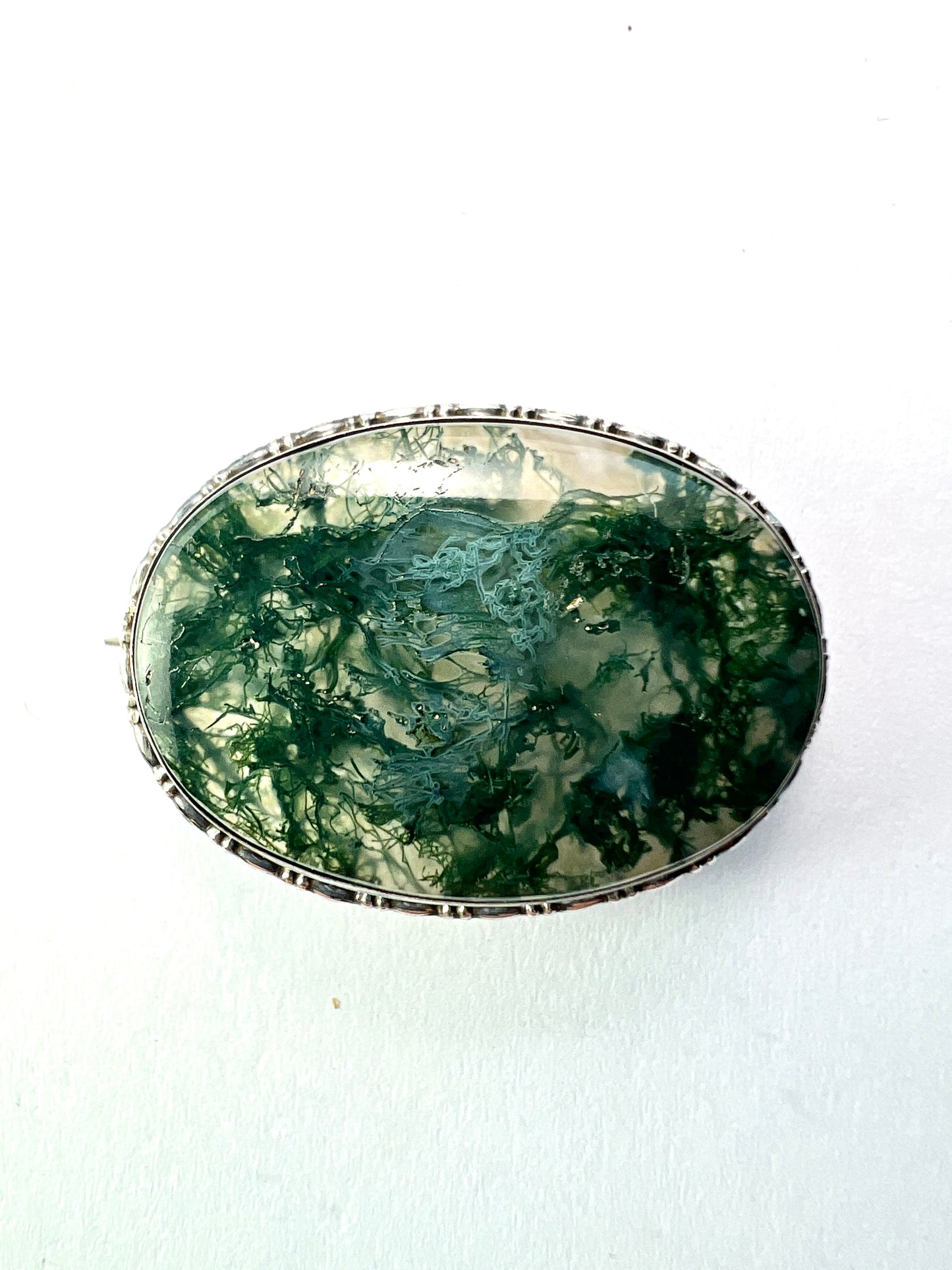 Antique Sterling Silver Moss Agate Brooch