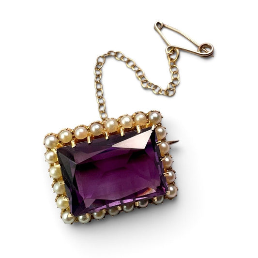 Victorian 15CT Gold Amethyst and Pearl Halo Brooch