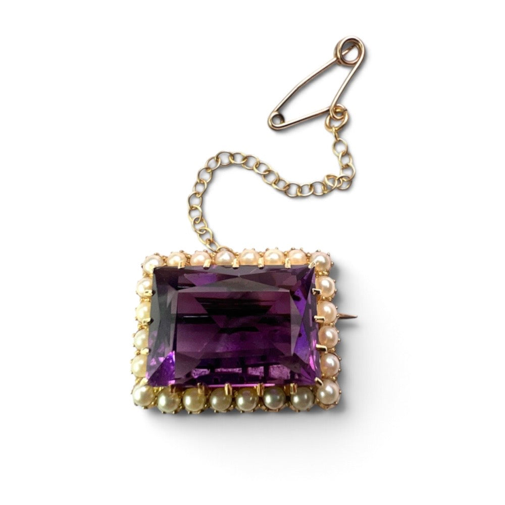Victorian 15CT Gold Amethyst and Pearl Halo Brooch
