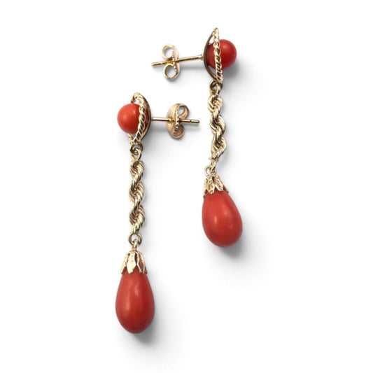 Vintage 14CT Gold Coral Rope Twist Earrings