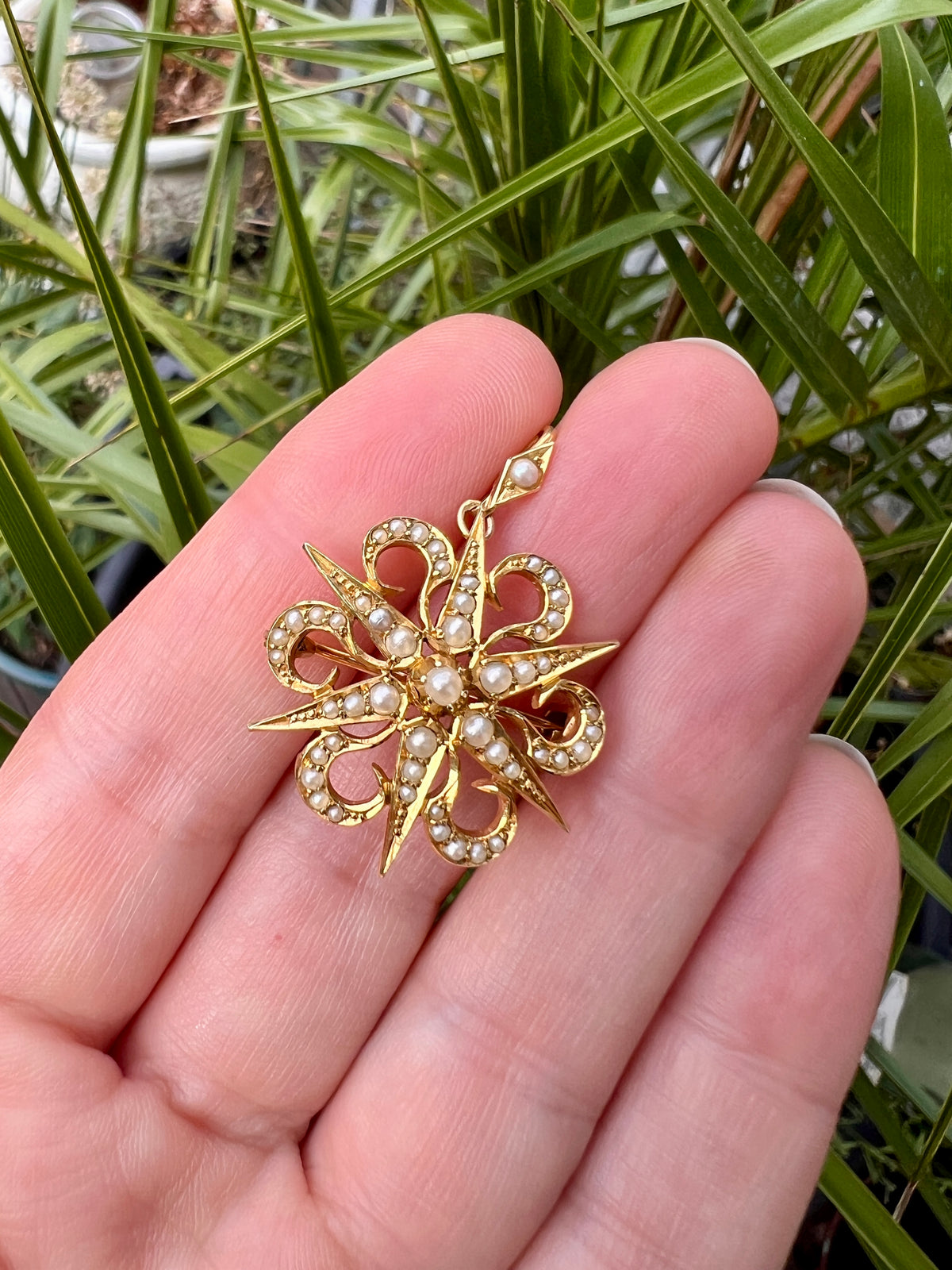 Antique 15CT Gold Pearl Sunburst Pendant/Brooch
