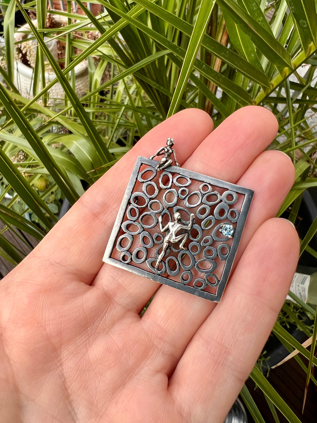 Modernist Topaz Blackened Silver Climbing Figure Pendant