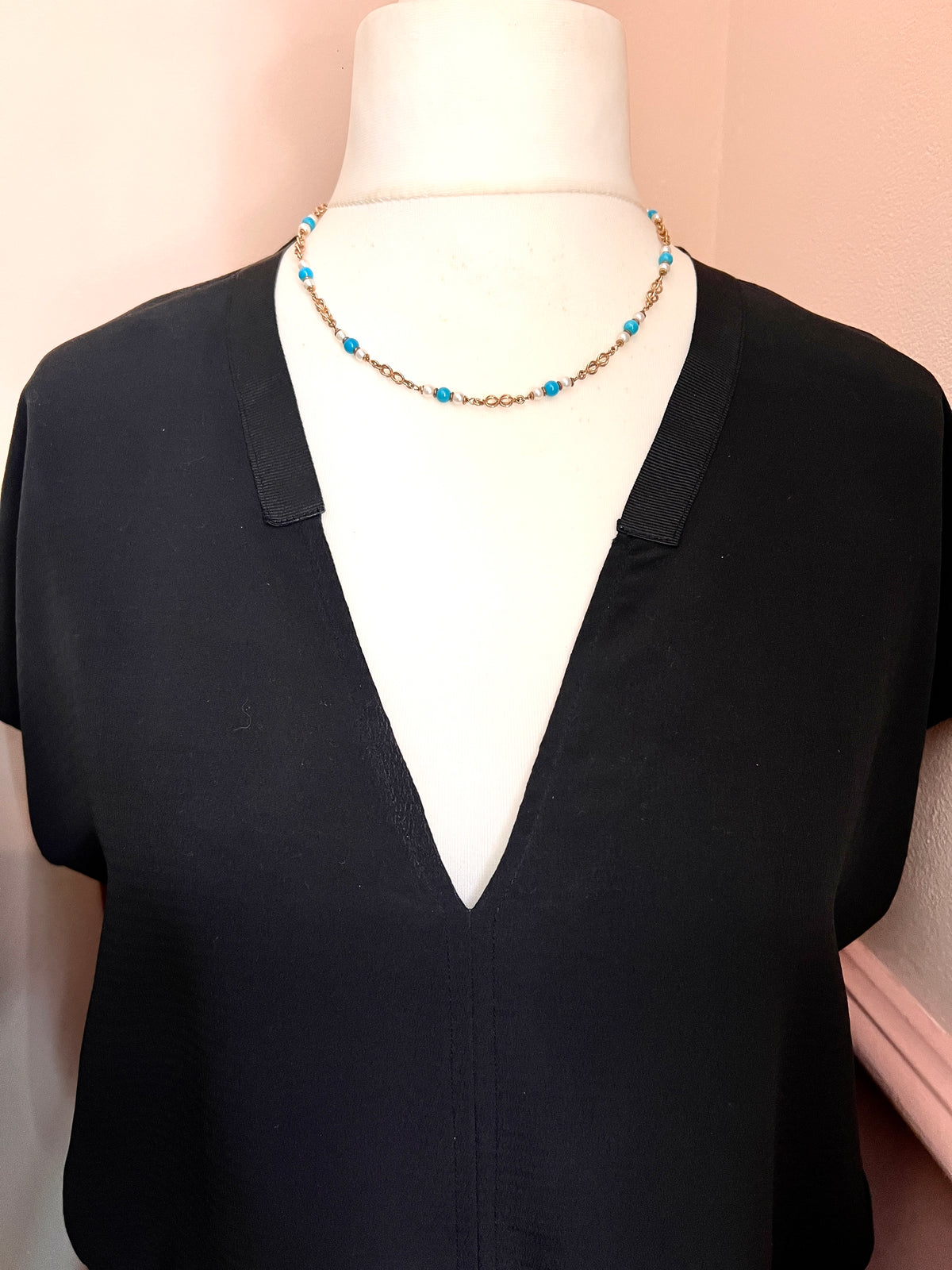 Vintage 9CT Gold Turquoise and Pearl Station Chain Necklace