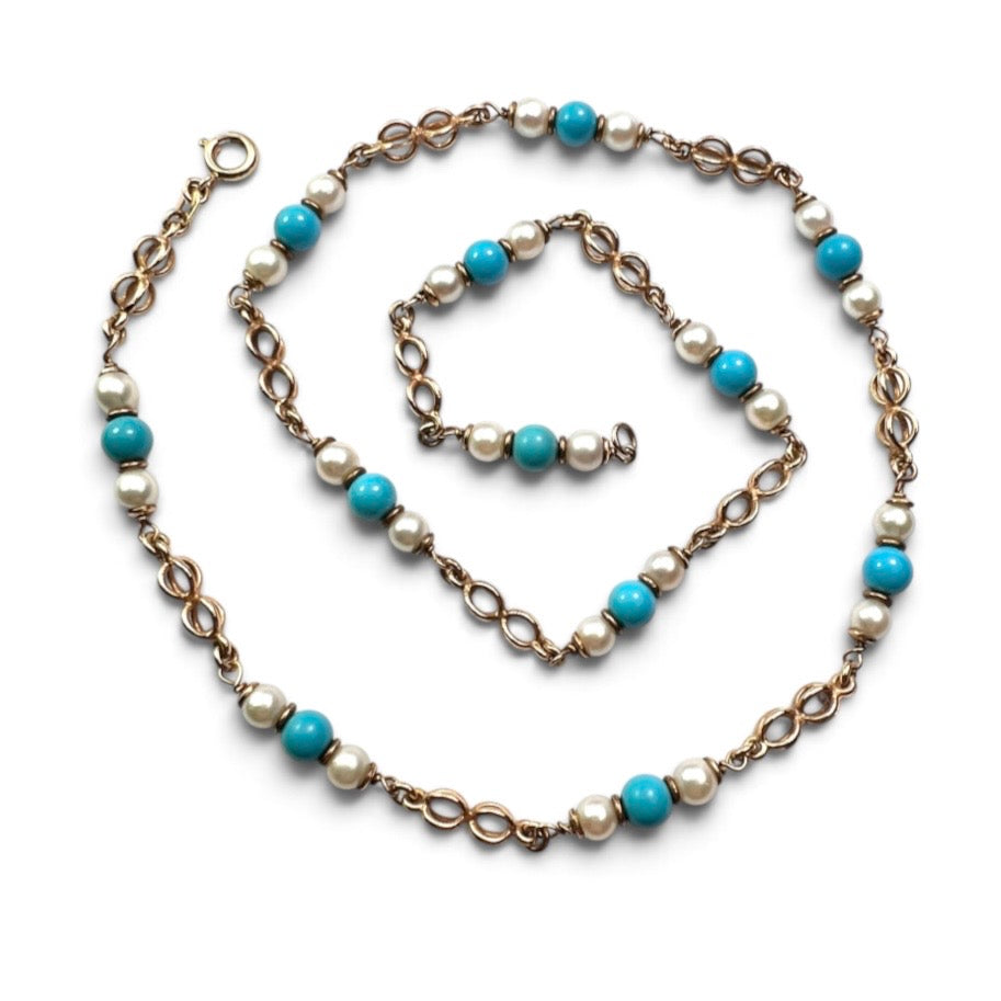 Vintage 9CT Gold Turquoise and Pearl Station Chain Necklace