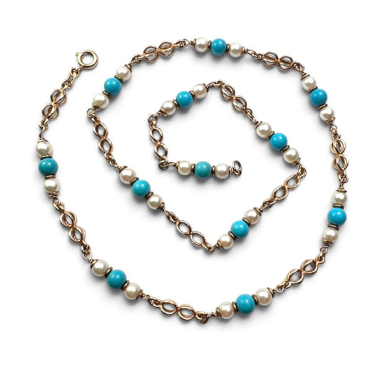 Vintage 9CT Gold Turquoise and Pearl Station Chain Necklace