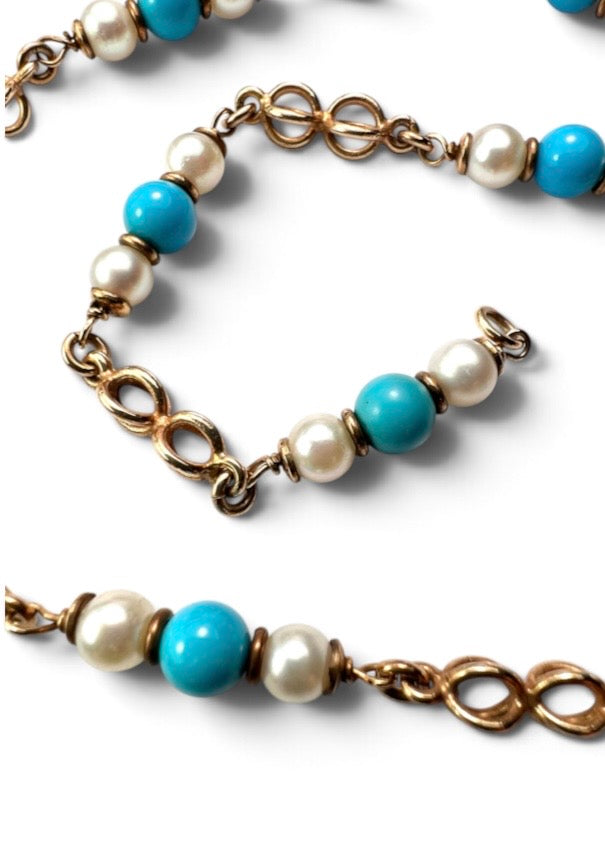 Vintage 9CT Gold Turquoise and Pearl Station Chain Necklace