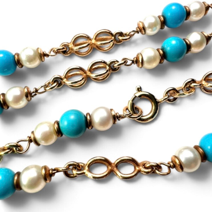 Vintage 9CT Gold Turquoise and Pearl Station Chain Necklace