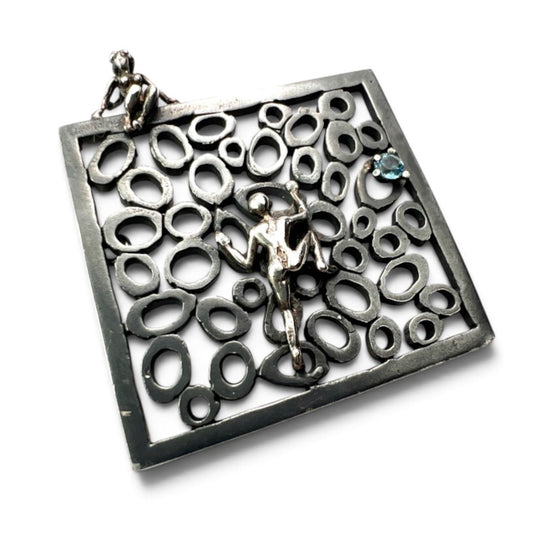 Modernist Topaz Blackened Silver Climbing Figure Pendant