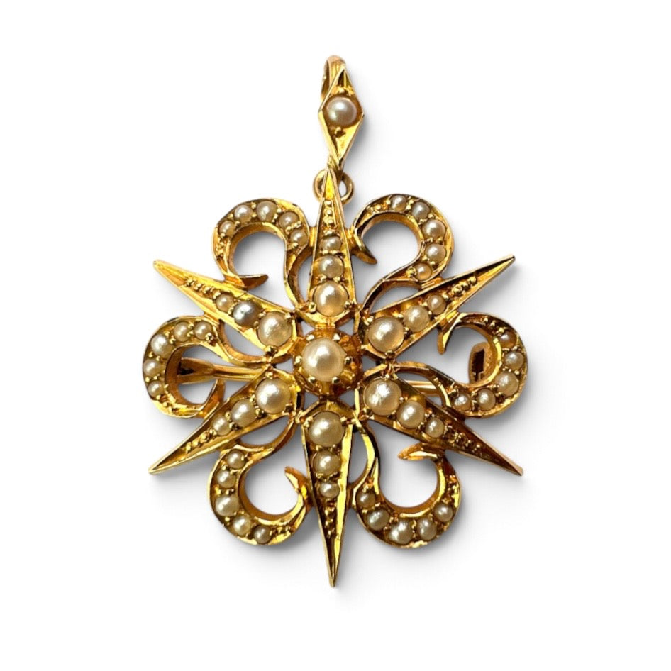 Antique 15CT Gold Pearl Sunburst Pendant/Brooch