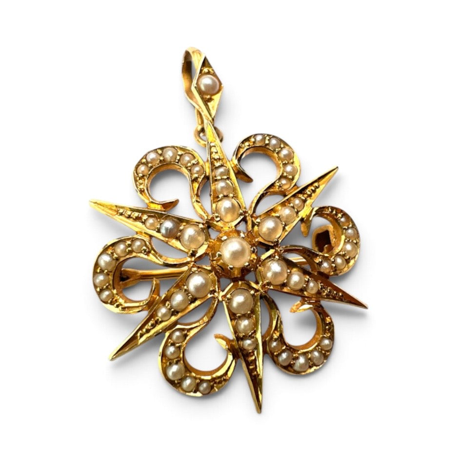 Antique 15CT Gold Pearl Sunburst Pendant/Brooch