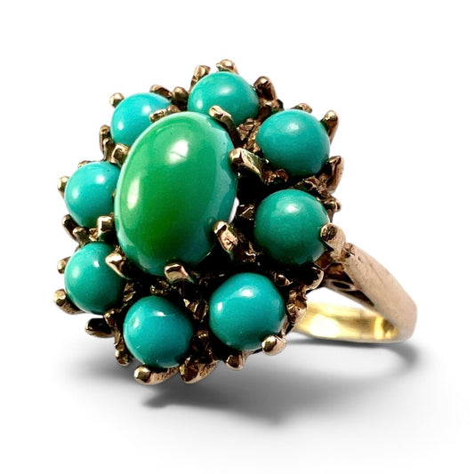 Vintage 9CT Gold Turquoise Cluster Ring