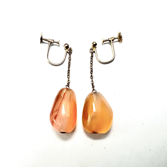 Antique 9CT Gold Agate Chain Drop Earrings