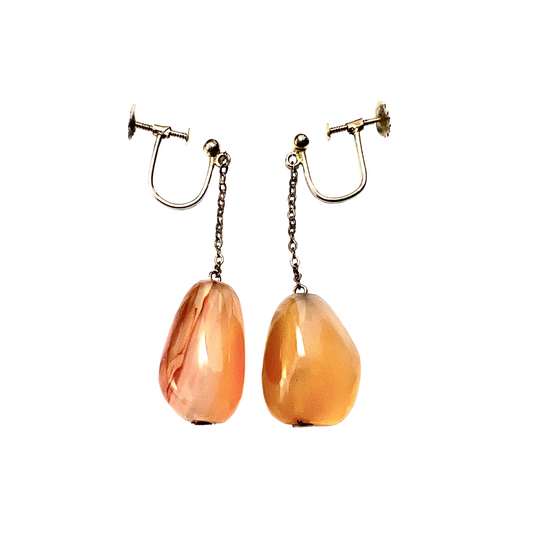 Antique 9CT Gold Agate Chain Drop Earrings
