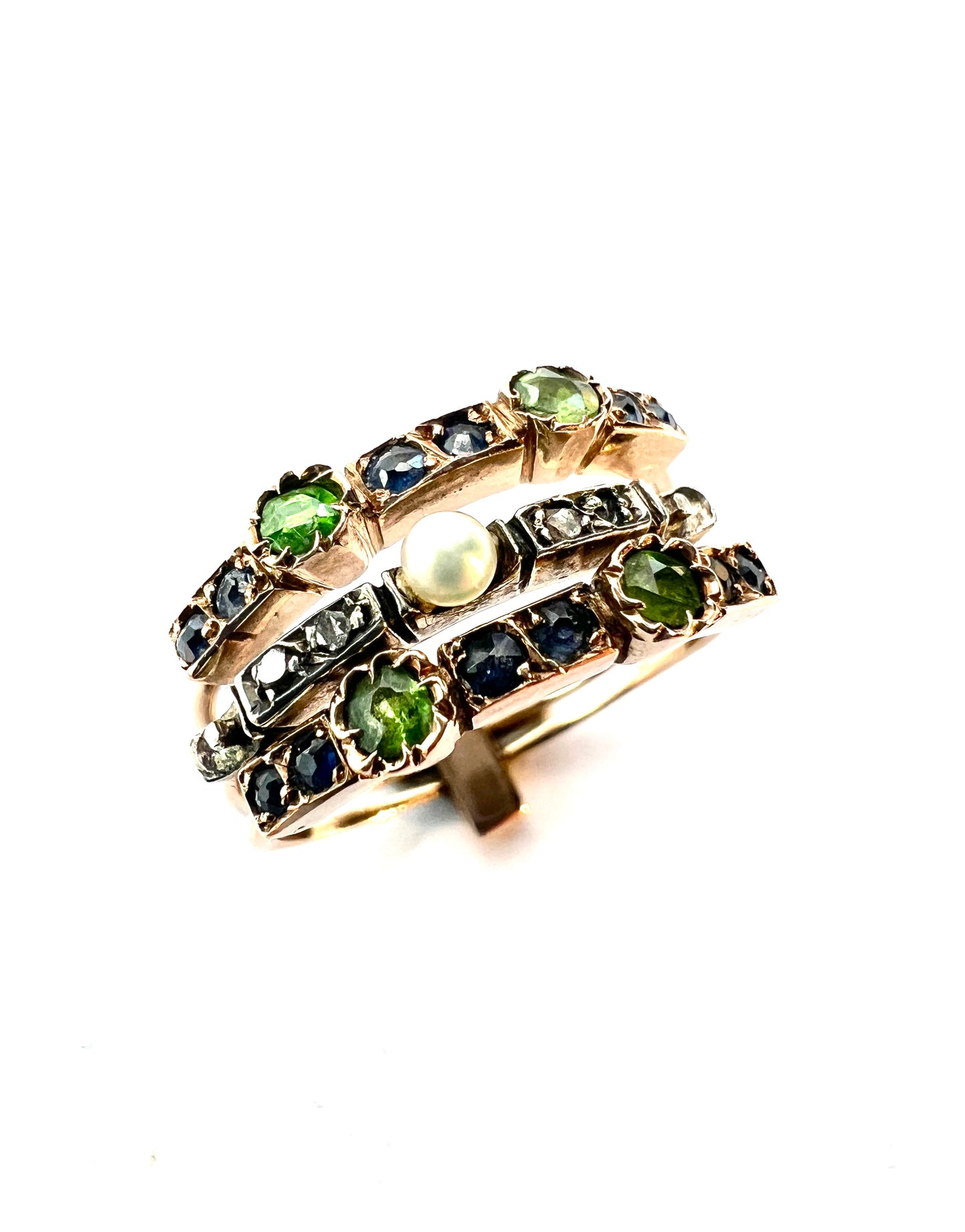 Edwardian Diamond Gemstone 14CT Gold and Silver Harem Ring
