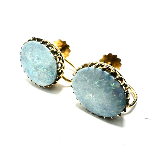 Antique 9CT Gold Opal Doublet Screwback Earrings