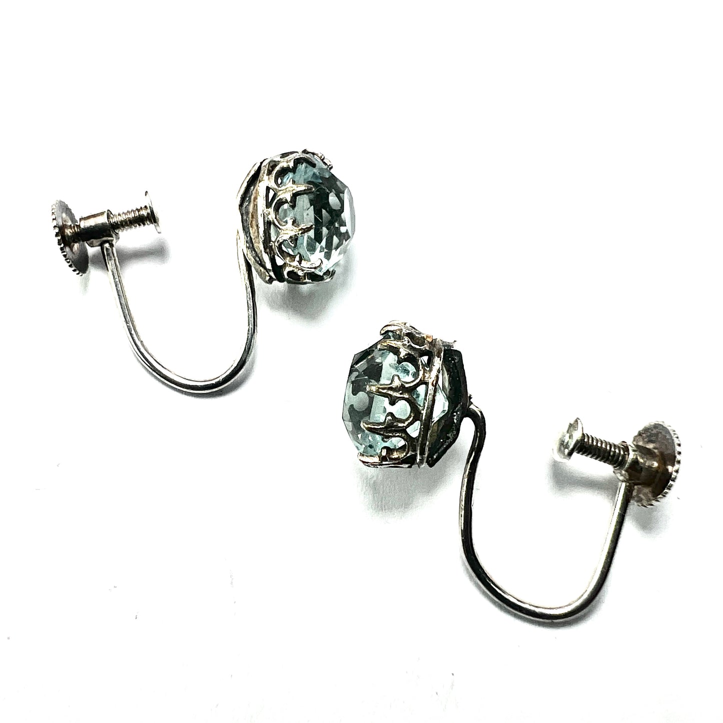 Antique Cushion-cut Aquamarine Paste Silver Screwback Earrings