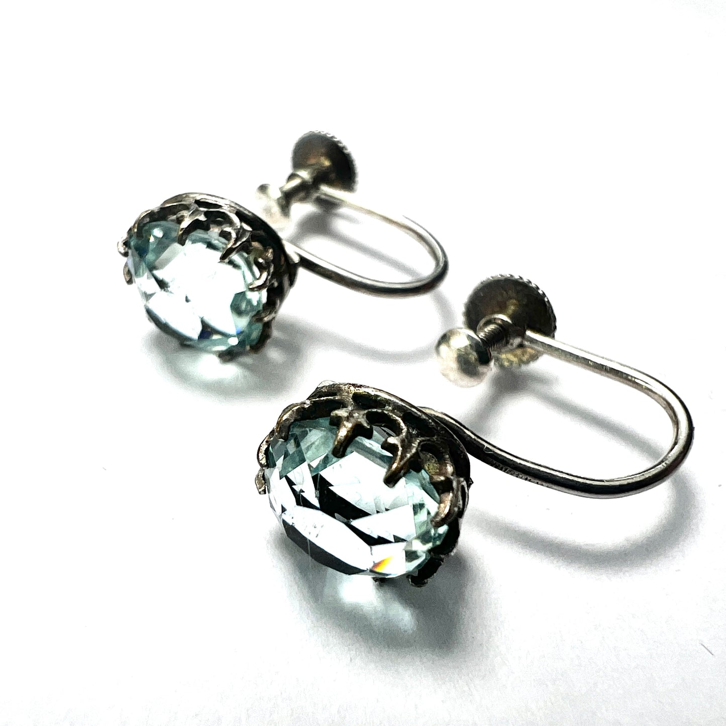 Antique Cushion-cut Aquamarine Paste Silver Screwback Earrings