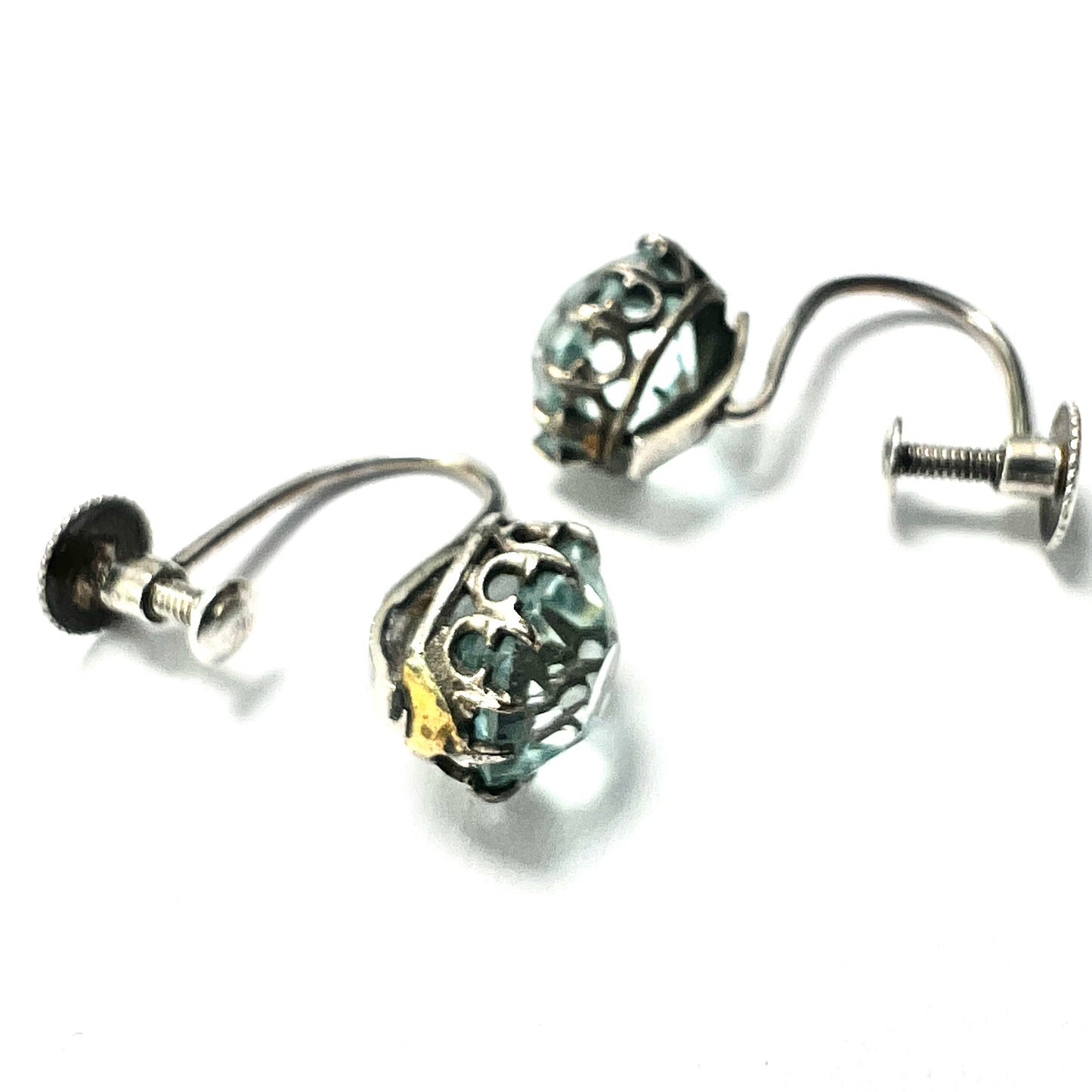 Antique Cushion-cut Aquamarine Paste Silver Screwback Earrings
