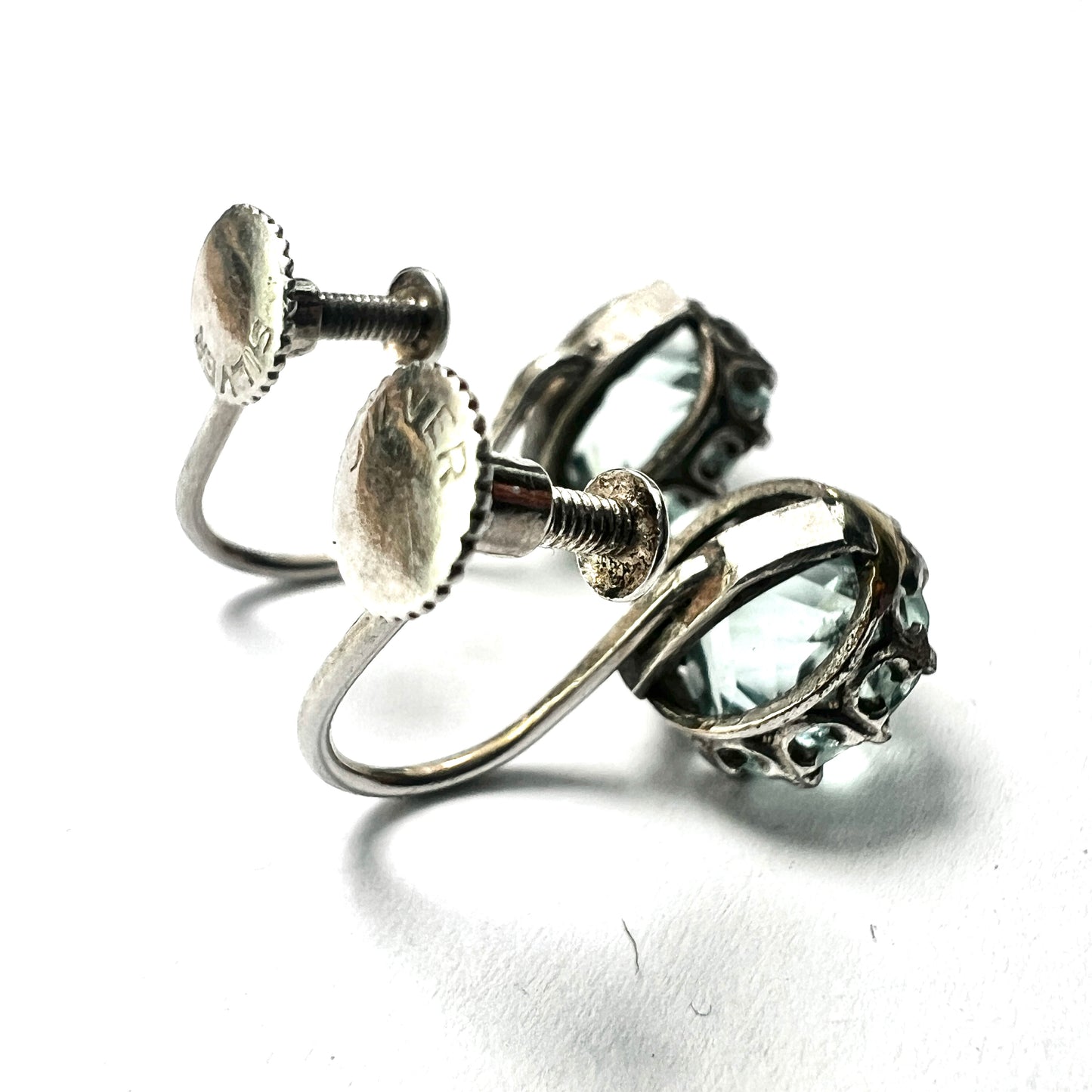 Antique Cushion-cut Aquamarine Paste Silver Screwback Earrings