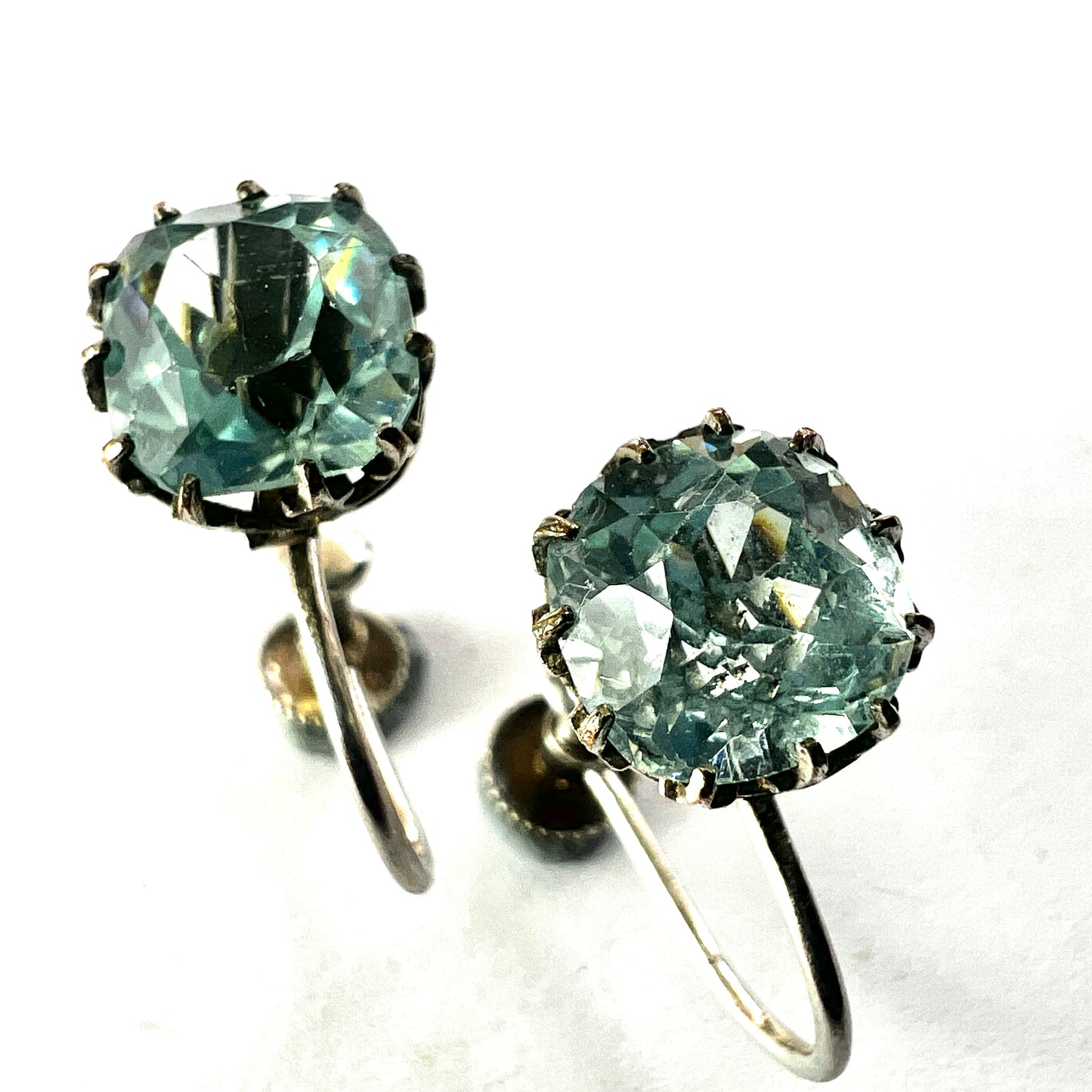 Antique Cushion-cut Aquamarine Paste Silver Screwback Earrings