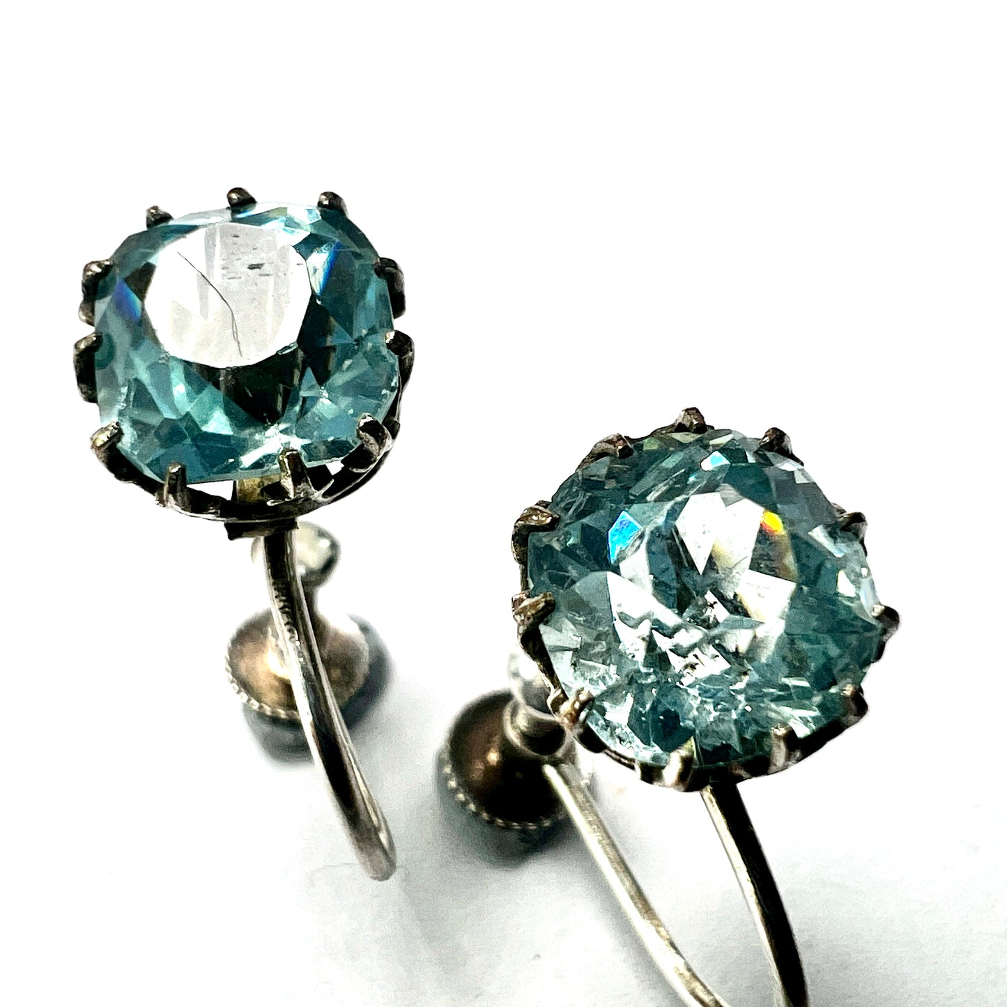 Antique Cushion-cut Aquamarine Paste Silver Screwback Earrings