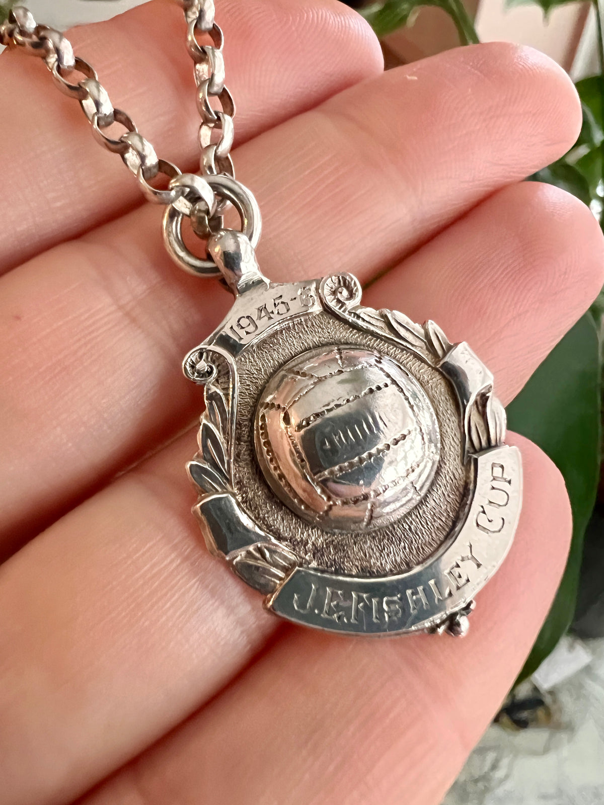 Vintage 1945-6 Sterling Silver Football Medal Pendant Necklace