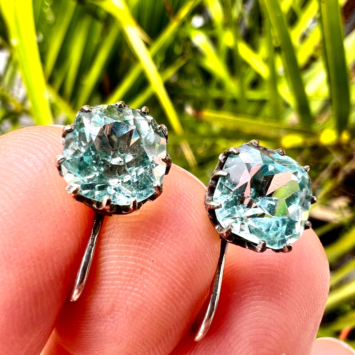 Antique Cushion-cut Aquamarine Paste Silver Screwback Earrings