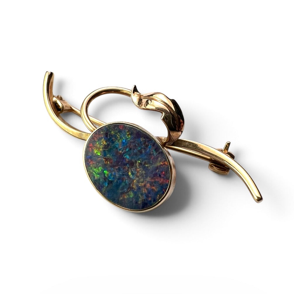 Art Nouveau Style 9CT Gold Opal Leaf Brooch
