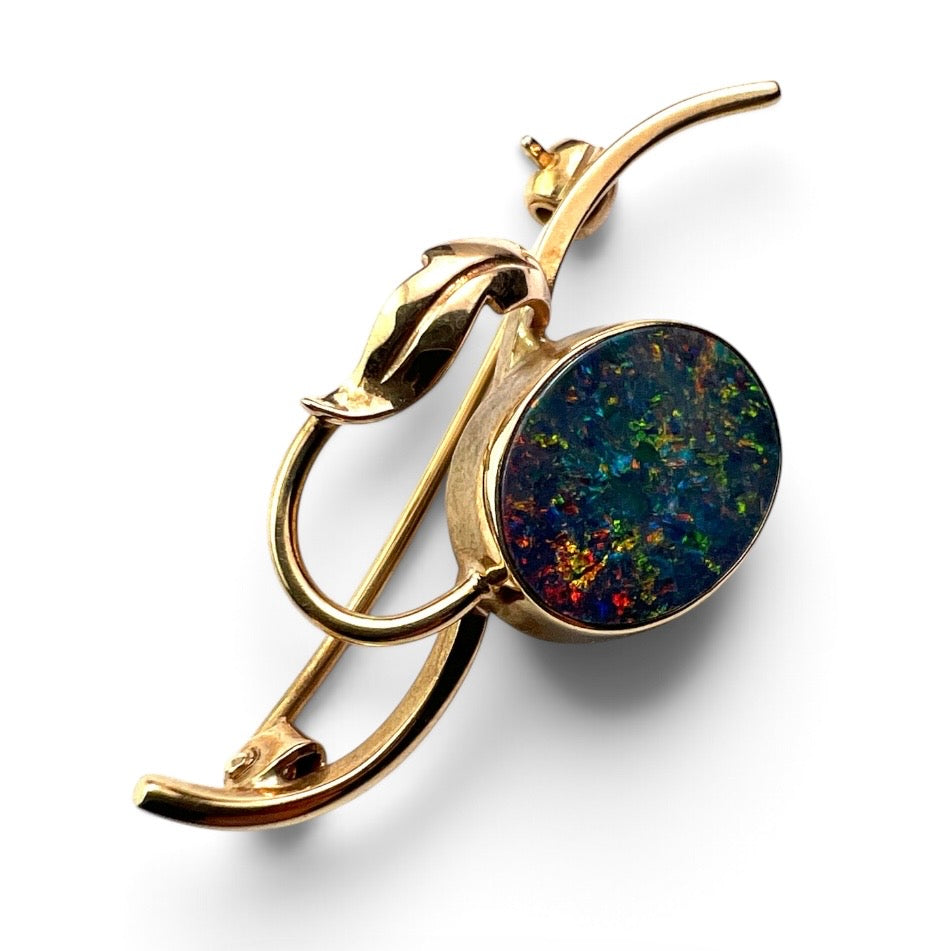 Art Nouveau Style 9CT Gold Opal Leaf Brooch