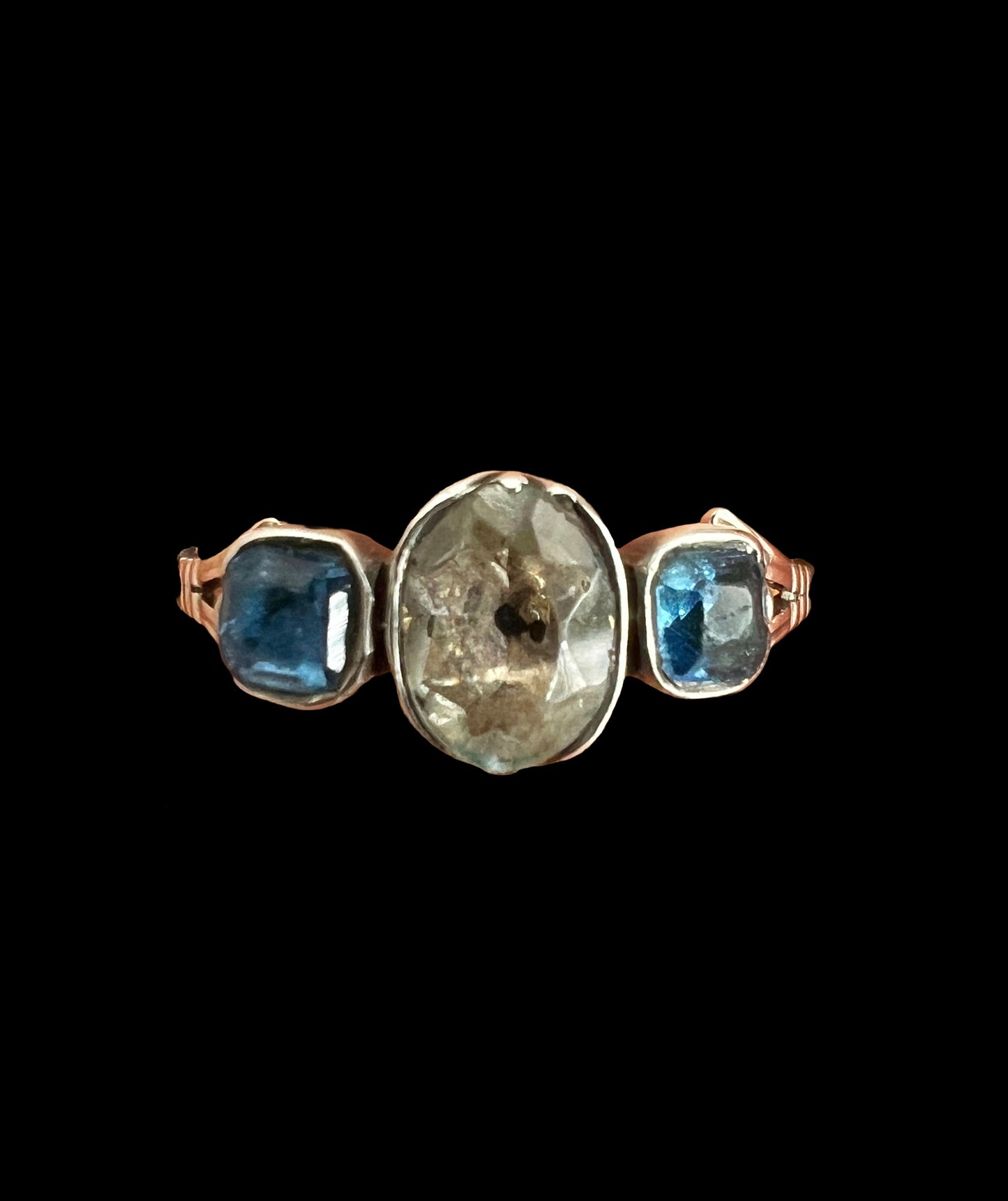 Georgian Three Stone Sapphire Paste Gold and Silver Ring